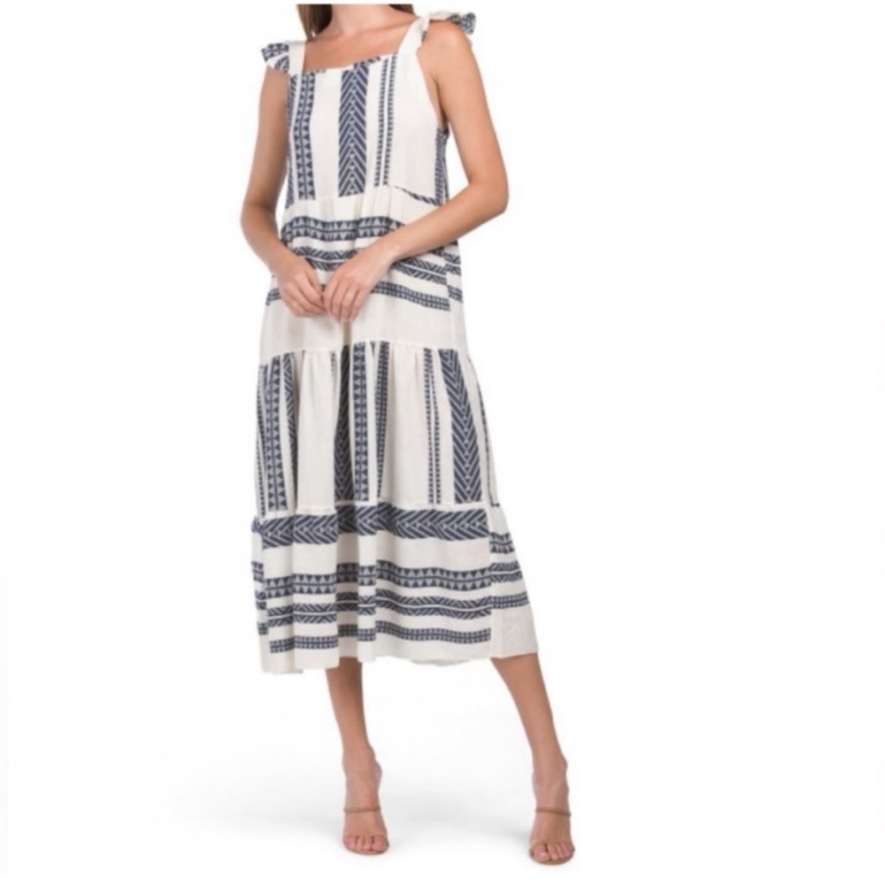 Caterina Ricci Dress Navy Blue & White Ruffle Tie Back Sleeveless Dress Medium - Picture 4 of 12